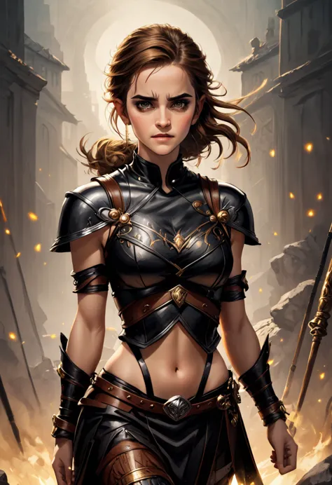 Emma Watson, Beautiful warrior woman, Gorgeous face, photo realistic, Full body running, Her presence is a symphony of contrasts...