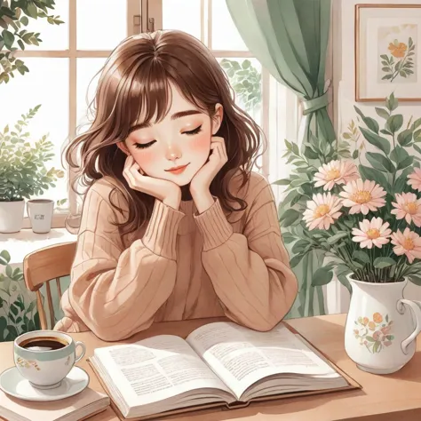 anime girl reading a book and drinking coffee at a table, happy cozy feelings, relaxing mood, cute illustration, realistic cute ...