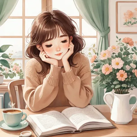 anime girl reading a book and drinking coffee at a table, happy cozy feelings, relaxing mood, cute illustration, realistic cute ...