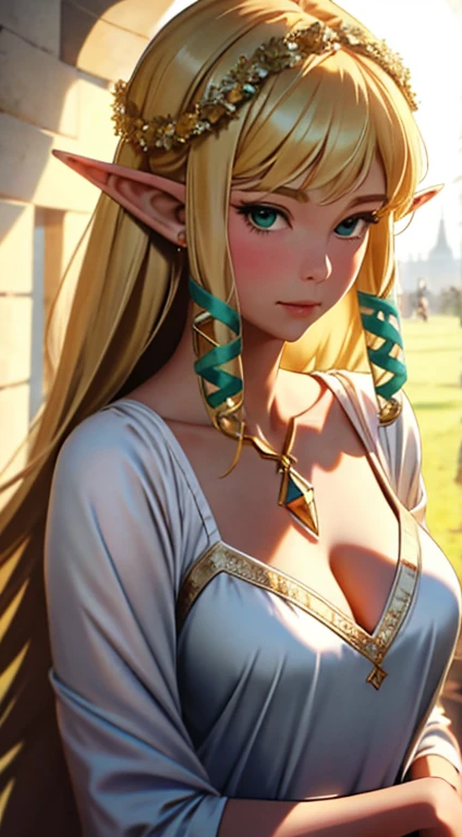 1girl,(adult,woman:1.6) Bare shoulders, Blonde hair, Blush, Breasts, circle of the crone, cleavage, Closed mouth, dress, elf, Green eyes, head wreath, medium breasts, laurel crown, Long hair, view the viewer, O-ring, O-ring top, Pointy ears, Simple background, Solo, Upper body, White background, White dress,celestine lucullus,Realistis,(Shiny skin),(Masterpiece:1.4),(Best quality:1.4),zelda