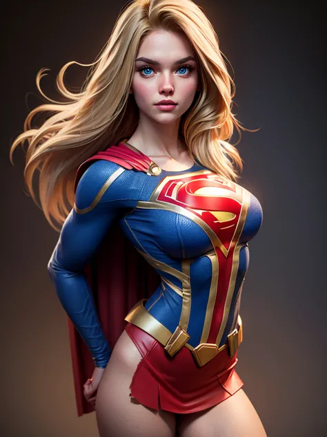 1sexy girl, wearing torn supergirl costume, flying, firm body, blondie hair, shining blue eyes, sultry posing.