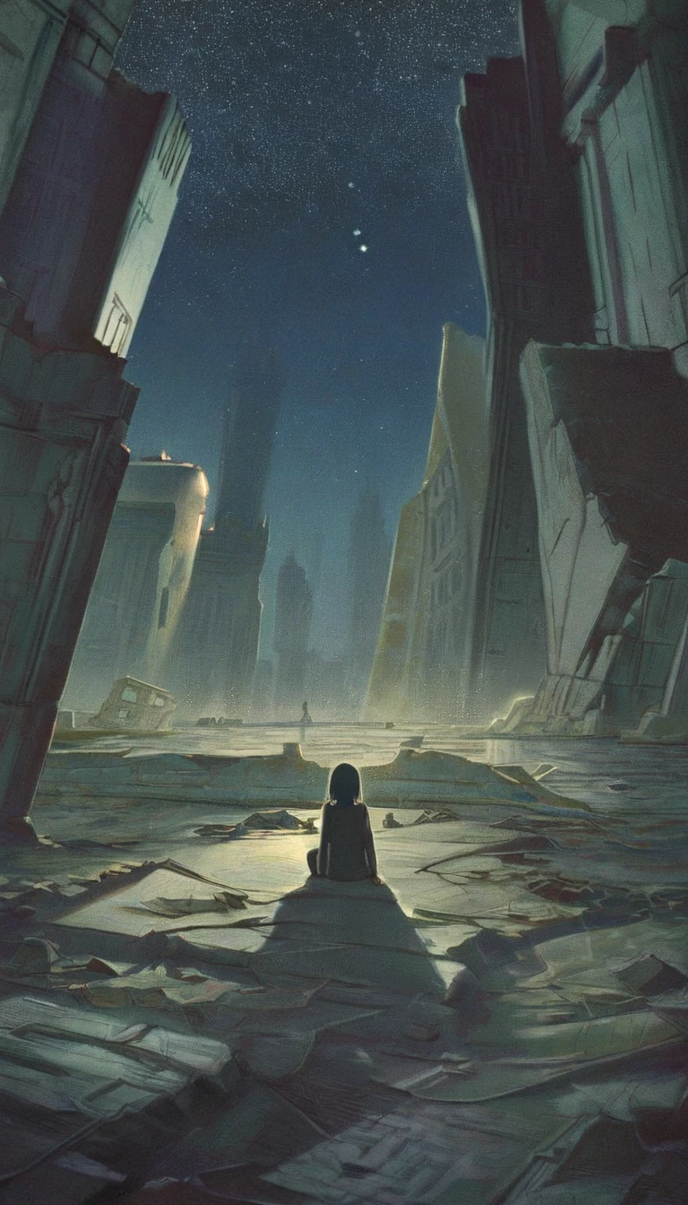 View of buildings from a high vantage point on a fin de siècle night、Looking at ruins and collapsed buildings in the distance、The light fades from the world、A scene gazing at a beautiful starry sky、A little bit anime-style、detailed、high resolution、high quality、1 person、Lonely、Loneliness、sadness、anxiety、