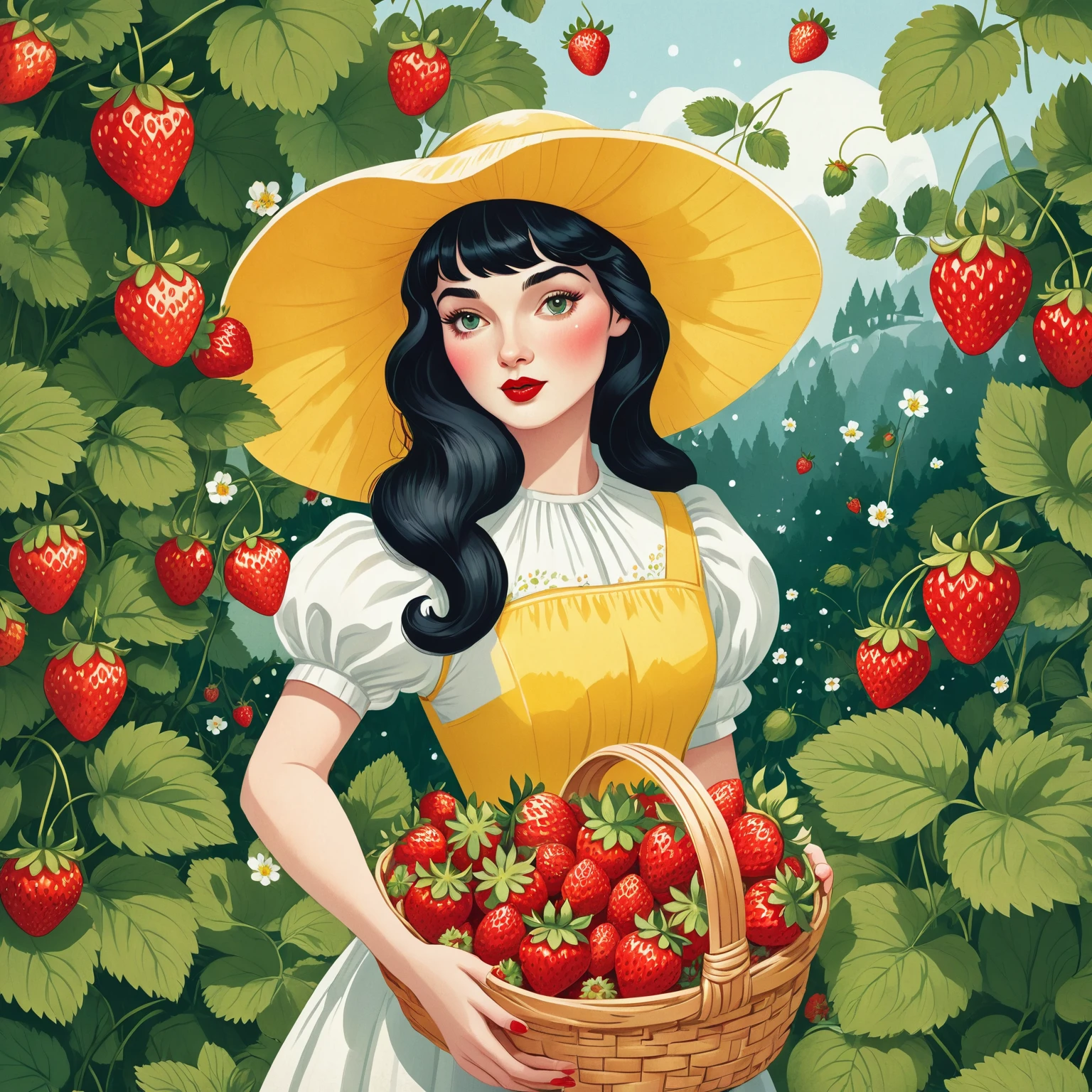 a close up of a woman holding a basket of strawberries, fight with strawberries, fairy-tale illustration style, beautiful retro art, a beautiful artwork illustration, snow white, full color digital illustration, strawberry, strawberries, full color illustration, fanart, portrait of snow white, retro artwork, fabulous illustrations, illustration art, stylized digital illustration, in style of digital illustration