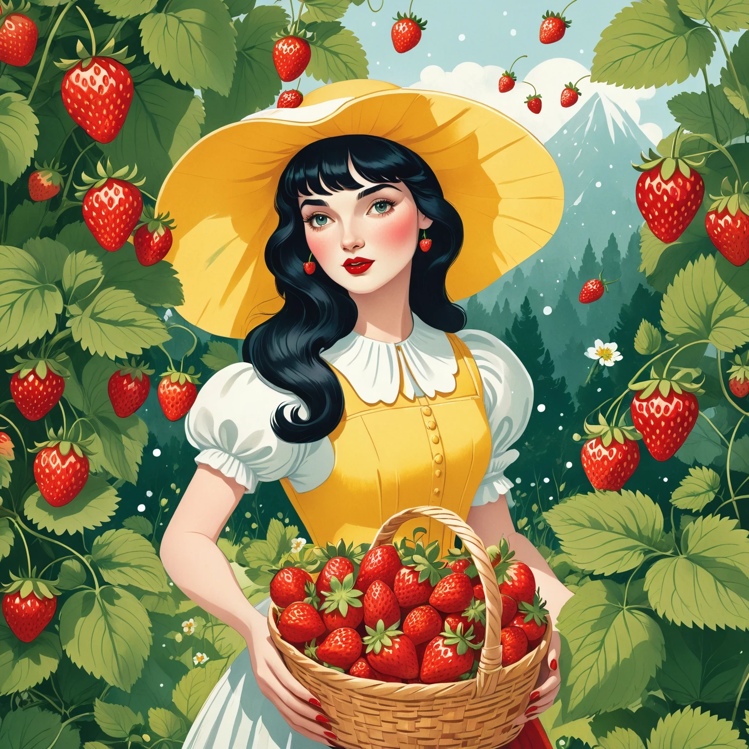 a close up of a woman holding a basket of strawberries, fight with strawberries, fairy-tale illustration style, beautiful retro art, a beautiful artwork illustration, snow white, full color digital illustration, strawberry, strawberries, full color illustration, fanart, portrait of snow white, retro artwork, fabulous illustrations, illustration art, stylized digital illustration, in style of digital illustration