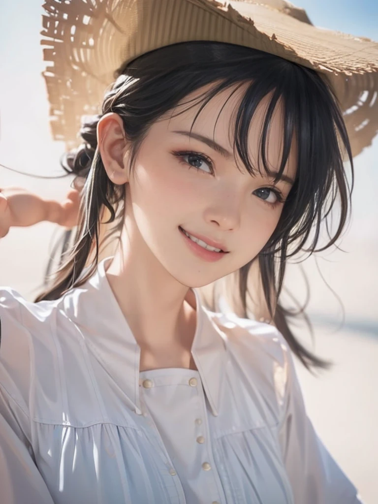 raw photo, 1girl, cute face, beautiful face, medium breast, collared blouse, White blouse, light smile, Upper body, detailed skin, pore, simple background, photorealistic, anatomically correct, masterpiece, best quality, UHD