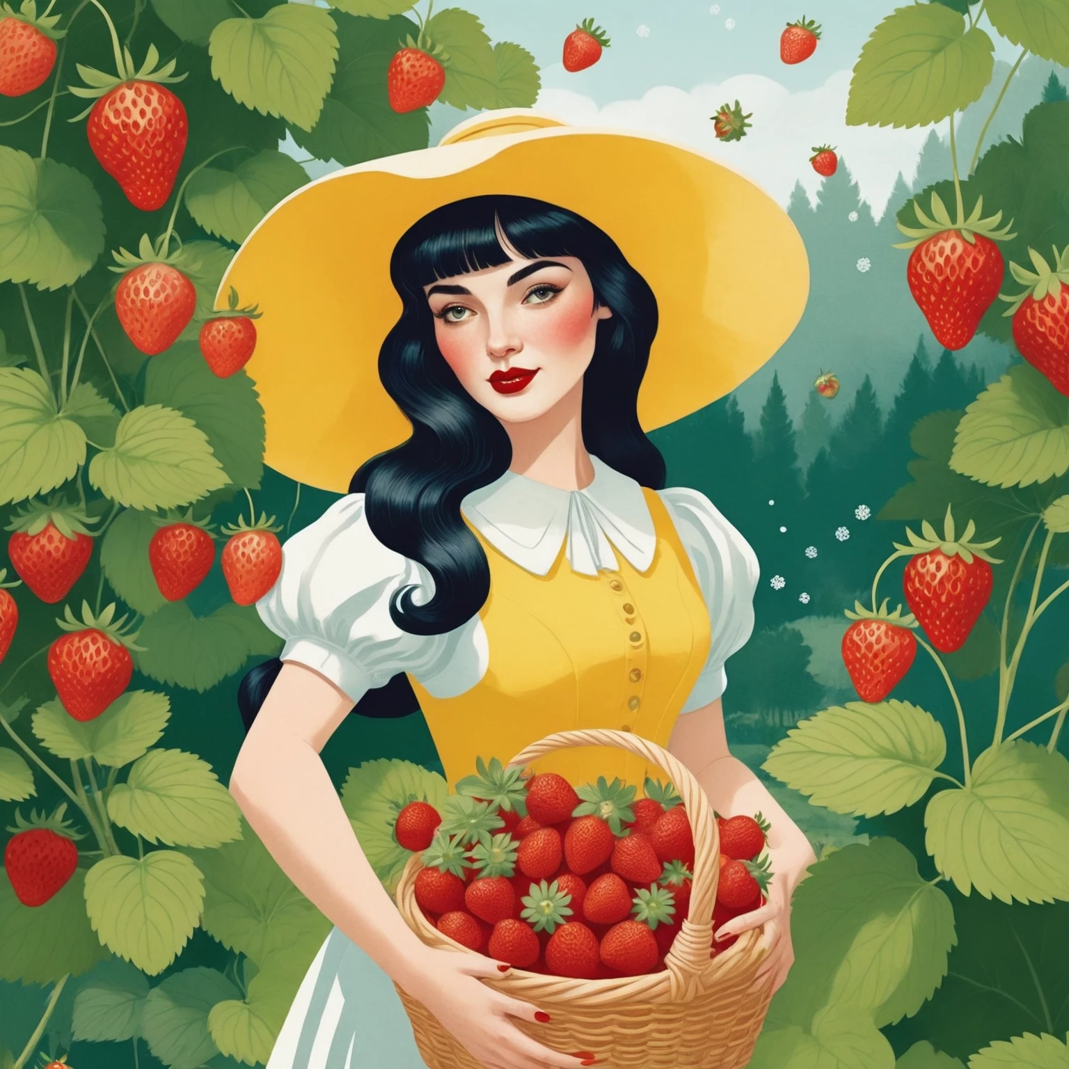 a close up of a woman holding a basket of strawberries, fight with strawberries, fairy-tale illustration style, beautiful retro art, a beautiful artwork illustration, snow white, full color digital illustration, strawberry, strawberries, full color illustration, fanart, portrait of snow white, retro artwork, fabulous illustrations, illustration art, stylized digital illustration, in style of digital illustration