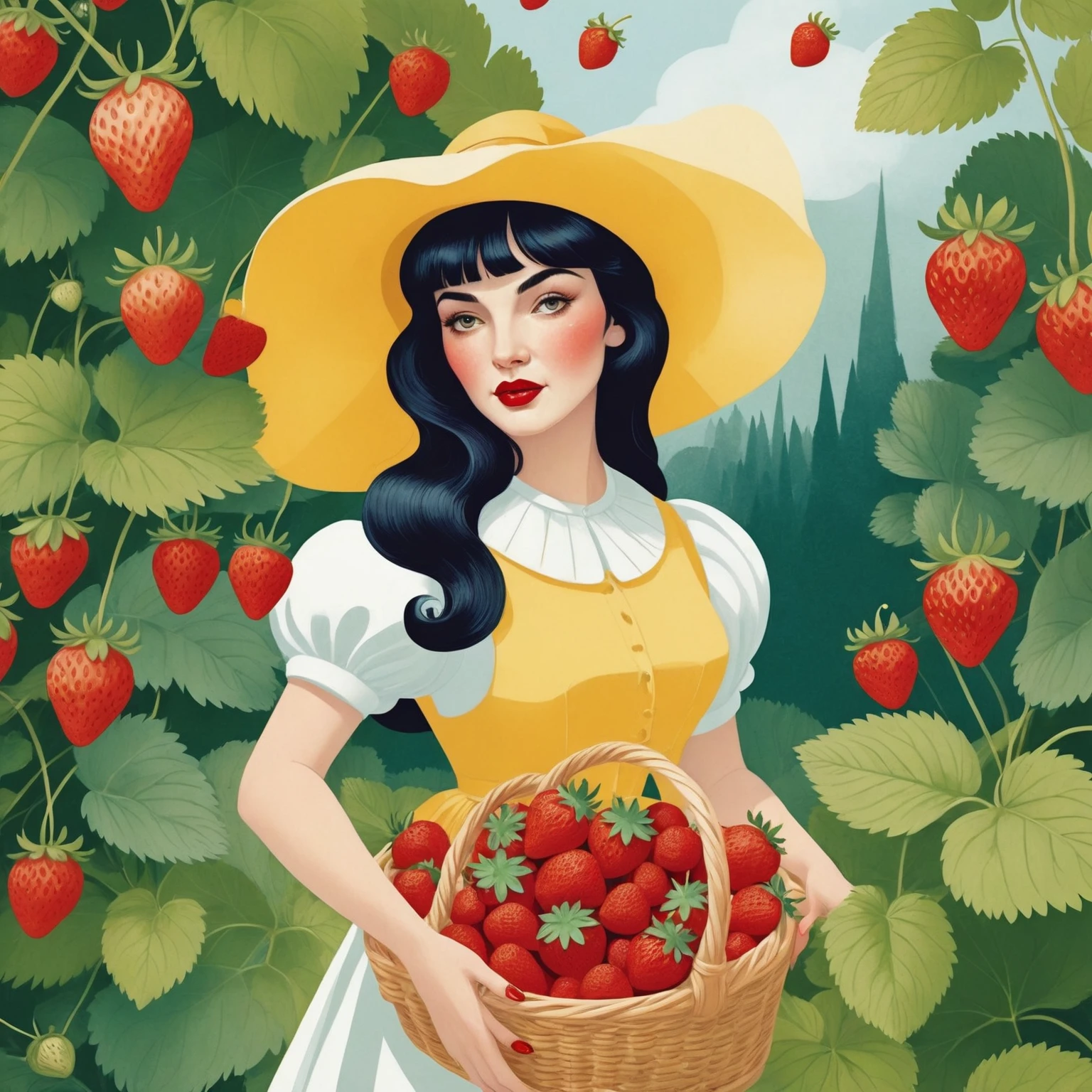 a close up of a woman holding a basket of strawberries, fight with strawberries, fairy-tale illustration style, beautiful retro art, a beautiful artwork illustration, snow white, full color digital illustration, strawberry, strawberries, full color illustration, fanart, portrait of snow white, retro artwork, fabulous illustrations, illustration art, stylized digital illustration, in style of digital illustration