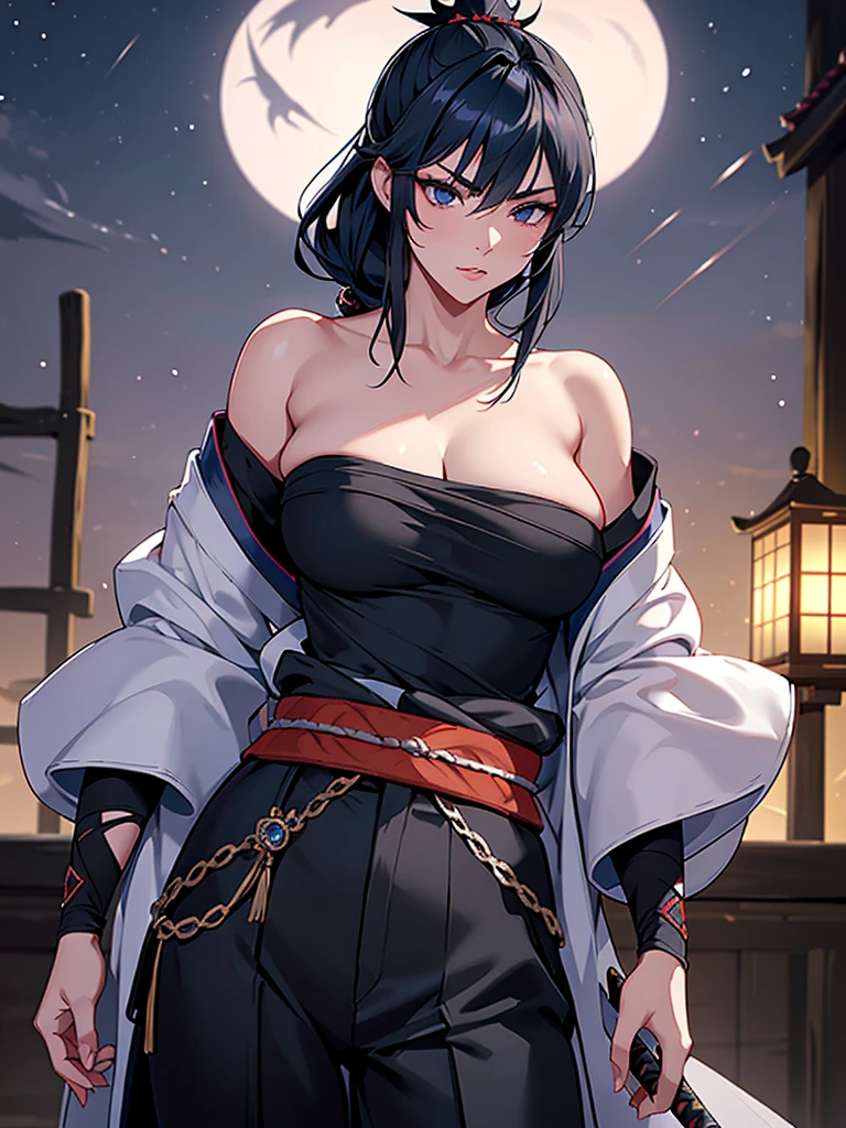 a female samurai, beautiful detailed eyes, beautiful detailed lips, extremely detailed face, long eyelashes,hyper realistic lighting,(super detailed:1.3),((best quality:1.2)),((masterpiece:1.2)),female focus,lonely beauty,(nighttime:1.6),(standing in a medieval europe castletown),cowboy shot,cleavage,((chest sarashi:1.125)),topknot,muted dark blue hair,white samurai coat,(black samurai pants:1.3),(angry:1.05),(wearing one sleeve),(ripped sleeve:1.4),(katana sword on hip:1.06),(ripped clothing:1.4)