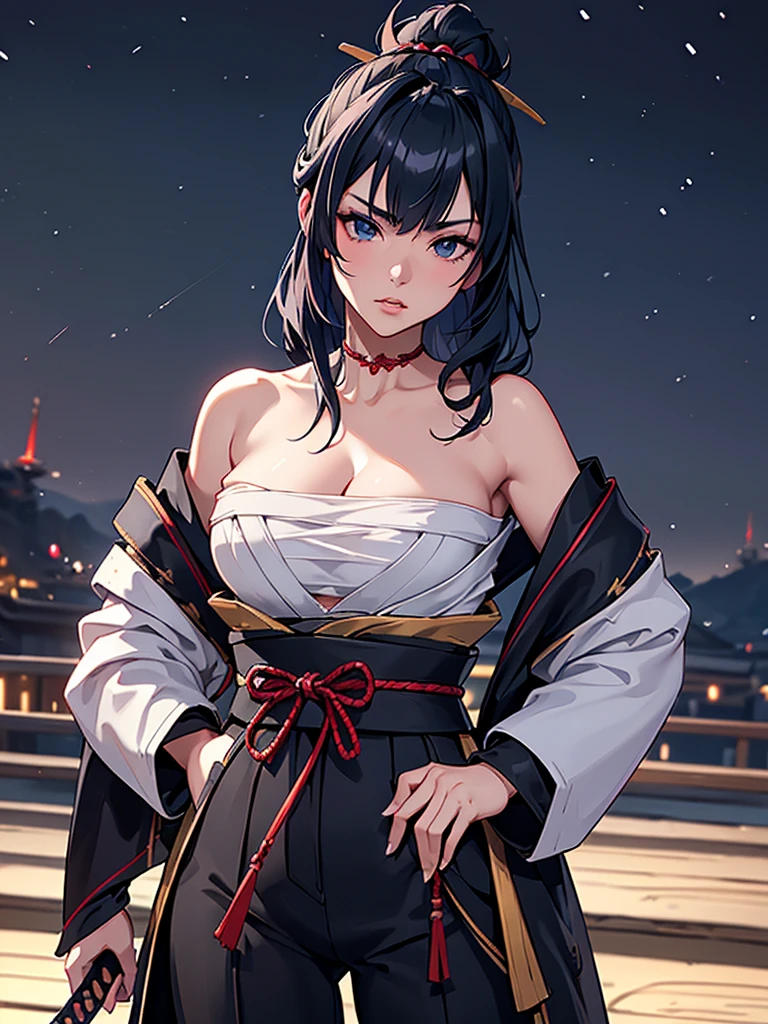 a female samurai, beautiful detailed eyes, beautiful detailed lips, extremely detailed face, long eyelashes,hyper realistic lighting,(super detailed:1.3),((best quality:1.2)),((masterpiece:1.2)),female focus,lonely beauty,(nighttime:1.6),(standing in a medieval europe castletown),cowboy shot,cleavage,((chest sarashi:1.125)),topknot,muted dark blue hair,white samurai coat,(black samurai pants:1.3),(angry:1.05),(wearing one sleeve),(ripped sleeve:1.4),(katana sword on hip:1.06),(ripped clothing:1.4)