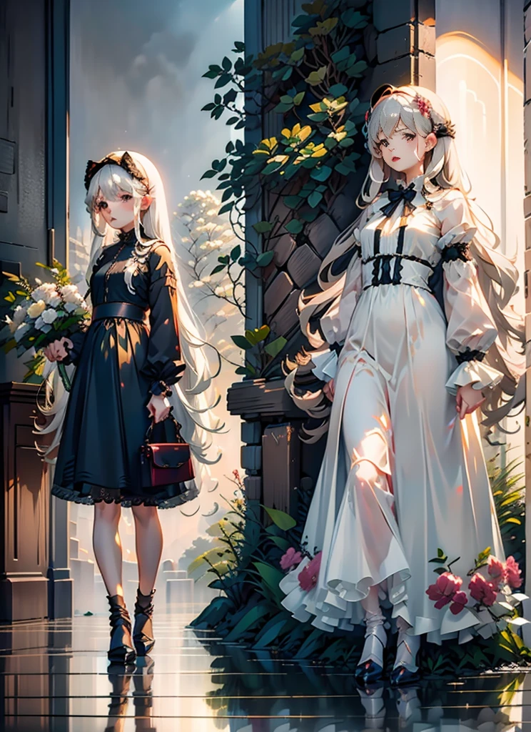 (Extremely delicate and beautiful:1.5),A Russian girl in her early 20s with ash grey hair, standing on your feet, solo, full body，Sweet face，Light smile，By bangs, Gemstone eyes, Contre-Jour，Long curly hair, Black-othic-lolita dress, Keep one's mouth shut, seen from the side, lanterns, light particules, longer sleeves, looking at viewert，pink bows, The background is filled with seven colors, The face is dense((must)), Masterpiece