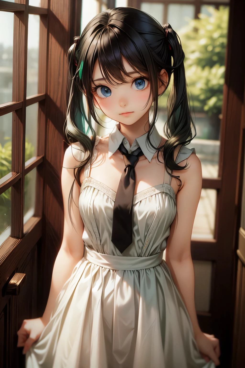 Innocence, Dark green hair, Twin tails, Put your arms behind your back, White Dress, Black waist tie, girl,blue eyes,