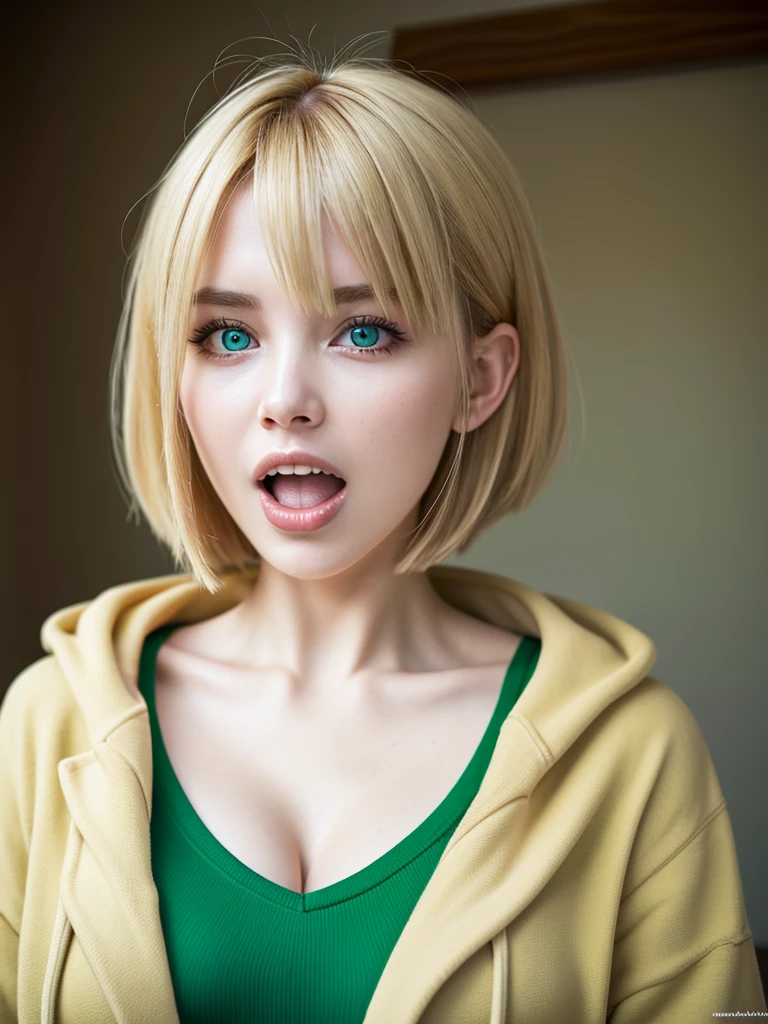 highest quality, Highest quality, masterpiece, Ultra-high resolution, Raw photo, A photo-realistic, 26-year-old woman, (open mouth:1.0), blond hair, pixie hair, (light hoody:0.8), green eyes, (cleavage:0.5),