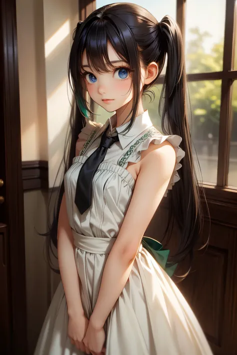 Innocence, Dark green hair, Twin tails, Put your arms behind your back, White Dress, Black waist tie, girl,blue eyes,