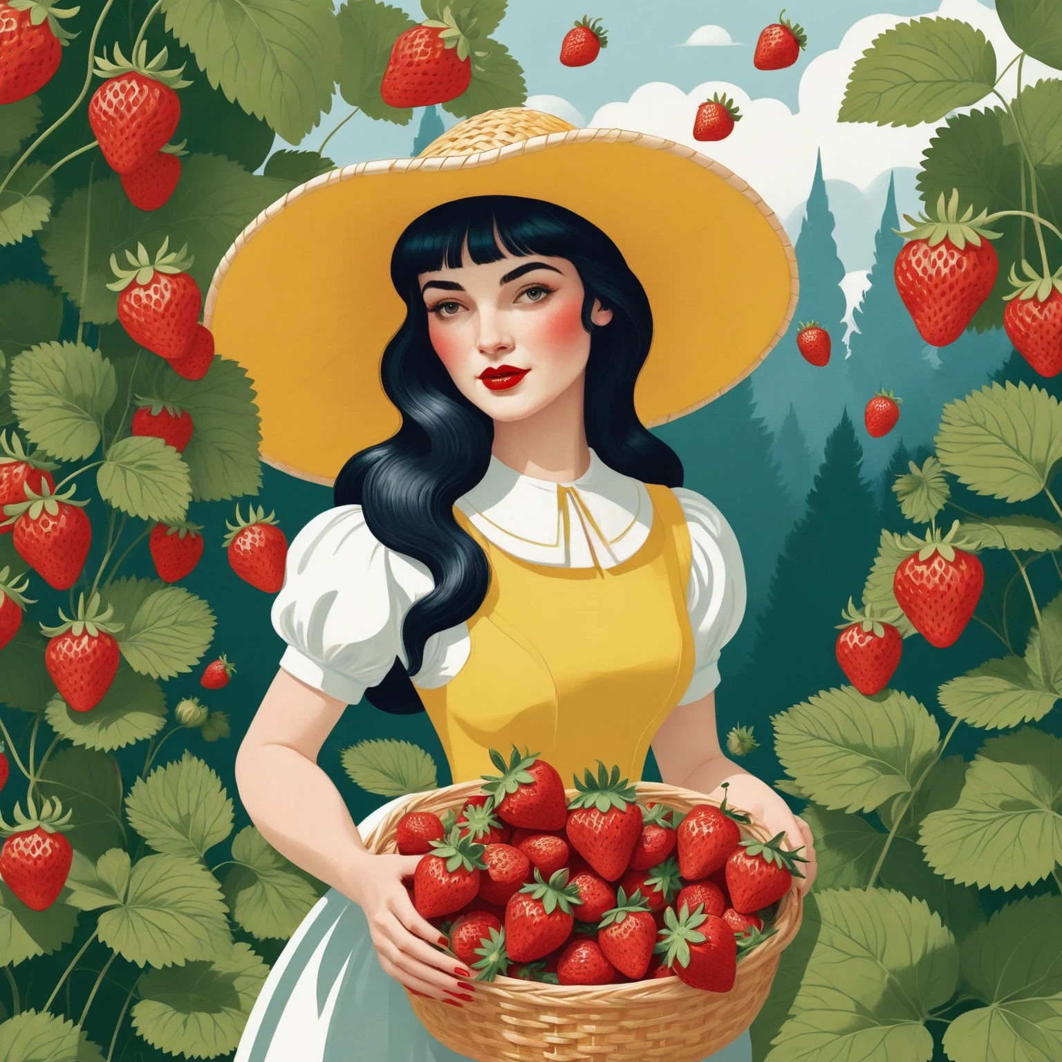 a close up of a woman holding a basket of strawberries, fight with strawberries, fairy-tale illustration style, beautiful retro art, a beautiful artwork illustration, snow white, full color digital illustration, strawberry, strawberries, full color illustration, fanart, portrait of snow white, retro artwork, fabulous illustrations, illustration art, stylized digital illustration, in style of digital illustration