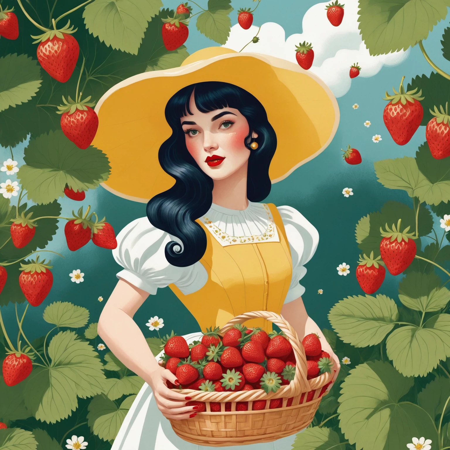 a close up of a woman holding a basket of strawberries, fight with strawberries, fairy-tale illustration style, beautiful retro art, a beautiful artwork illustration, snow white, full color digital illustration, strawberry, strawberries, full color illustration, fanart, portrait of snow white, retro artwork, fabulous illustrations, illustration art, stylized digital illustration, in style of digital illustration