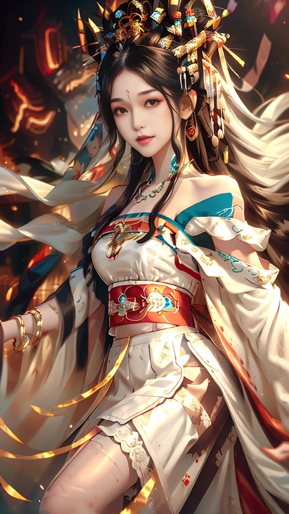 （Girl in traditional Chinese costume）, （The peerless beauty Yang Guifei）,Hanfu ,Long black hair, Iris, black bun hairstyle, hair accessory ,White Diamond Earrings, Bangle Diameter, Deer Necklace, Clear Eyes, Look forward,Putting on makeup, Long eyelashes ,(Long shoulder coat:1.5), (White mini skirt:1.5), ((whole body)), ((From below))ฃ, Clear Face, , (Very beautiful face, Beautiful mouth, Beautiful Eyes), Detailed face, ((super fine muscle)), In the Dark, Deep Shadow, Chinese beautiful girl (Slim figure 1.6) ,（Ample breasts, Cleavage）,Sexy slim beautiful legs、Elegant posture (Laugh brightly) (City Night (Neon Light)) (at night ),