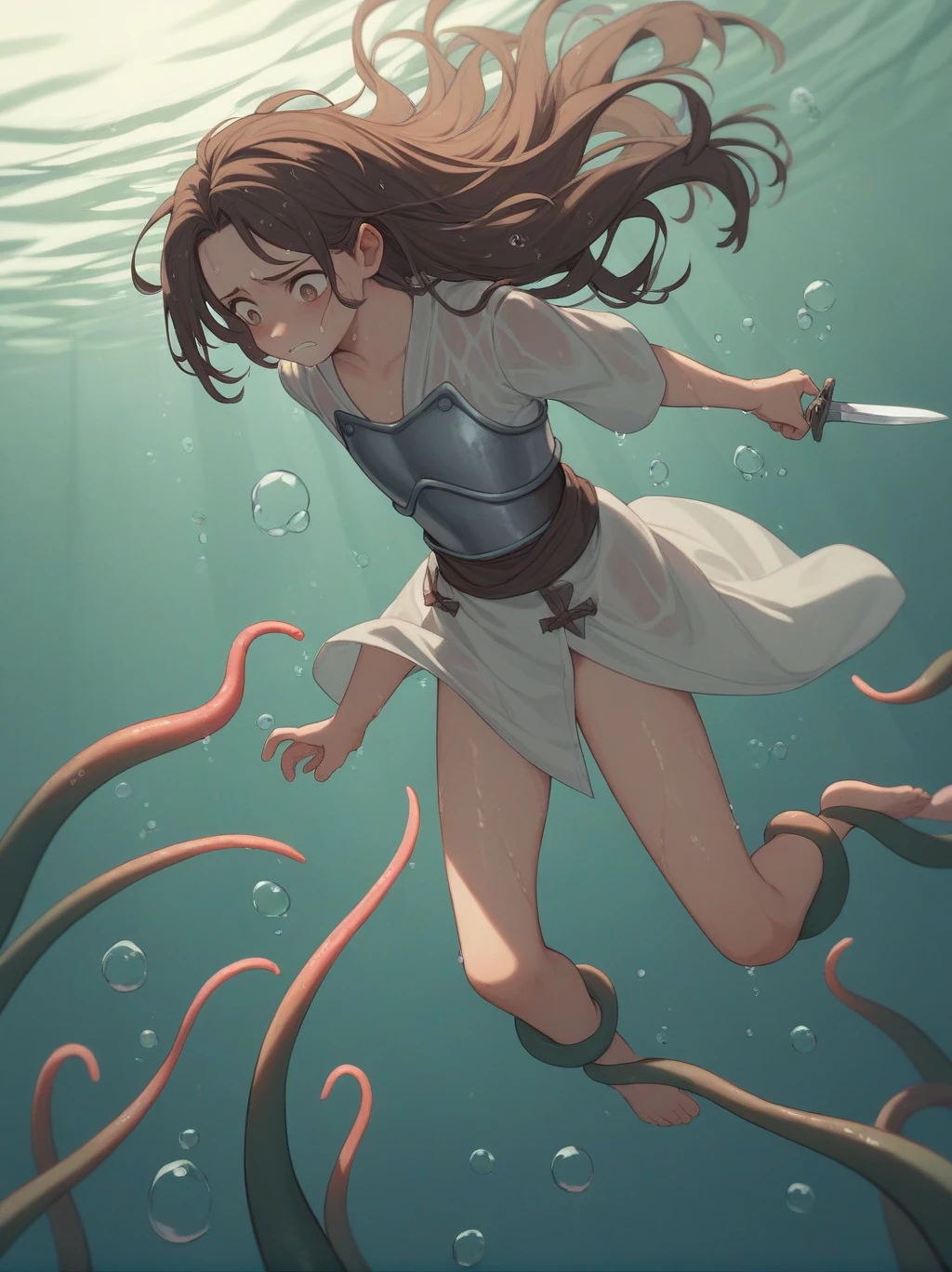 Partially underwater,最high quality,high quality, , Long Hair, Brown Hair, Wet Hair, Flat Chest,Dark underground labyrinth,No light,Cloth armor,Equipped with a dagger and a shield,Face above water,Body in water, Underwater Photography,The robe rolls up due to buoyancy,Painful face、My leg is pulled by tentacles、Being dragged into the water、Go wild