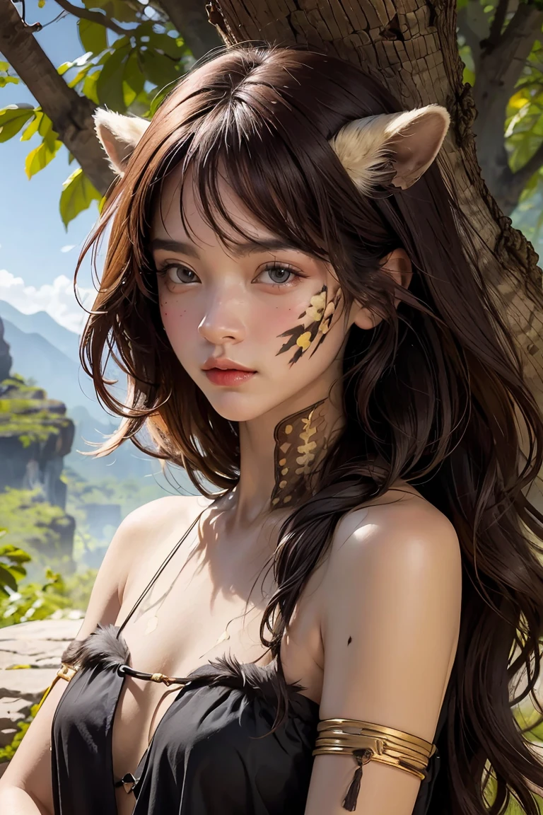 (masterpiece), best quality, expressive eyes, perfect face, female cavewoman, messy hair, thin, upper body,  dark hair, ((ancient setting)), cave, tree, handaxe, animal fur over his shoulders, face painted with some marks