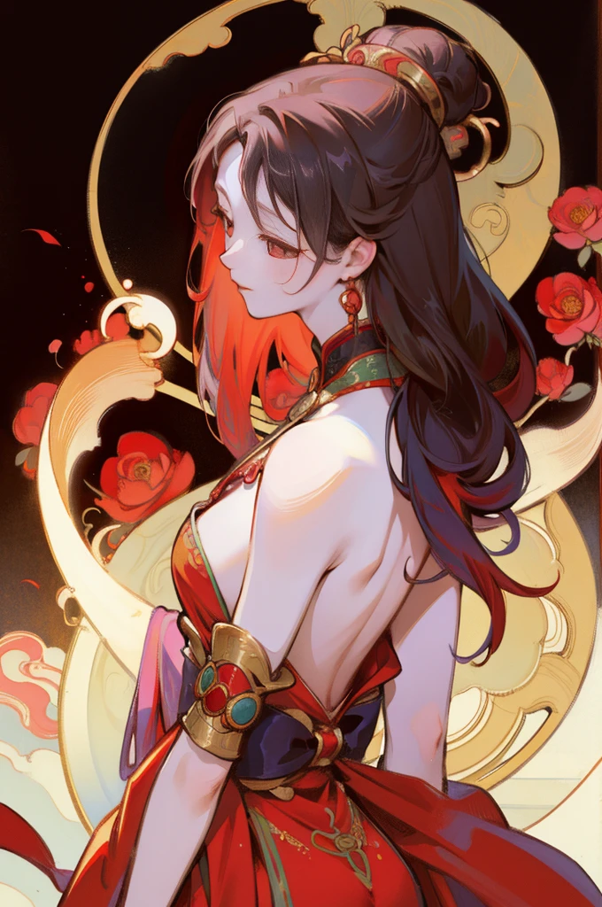 There is a woman's back in ancient China, back of the head, (only), (bare back tattoo), beautiful red eyes, detailed face, like a dream, red and gold flowers, Ukiyo style, artwork style Guwitz. , Guviz, Alphonse Mucha and Rose Drews, a beautiful artistic illustration, author: Li Song, author: heroes, author: Zou Zhe, by Zeng Jing, by Ye Xin, author: Shitao, author: Zhou Fang, Korean art nouveau anime, long loose hair, geisha clothes