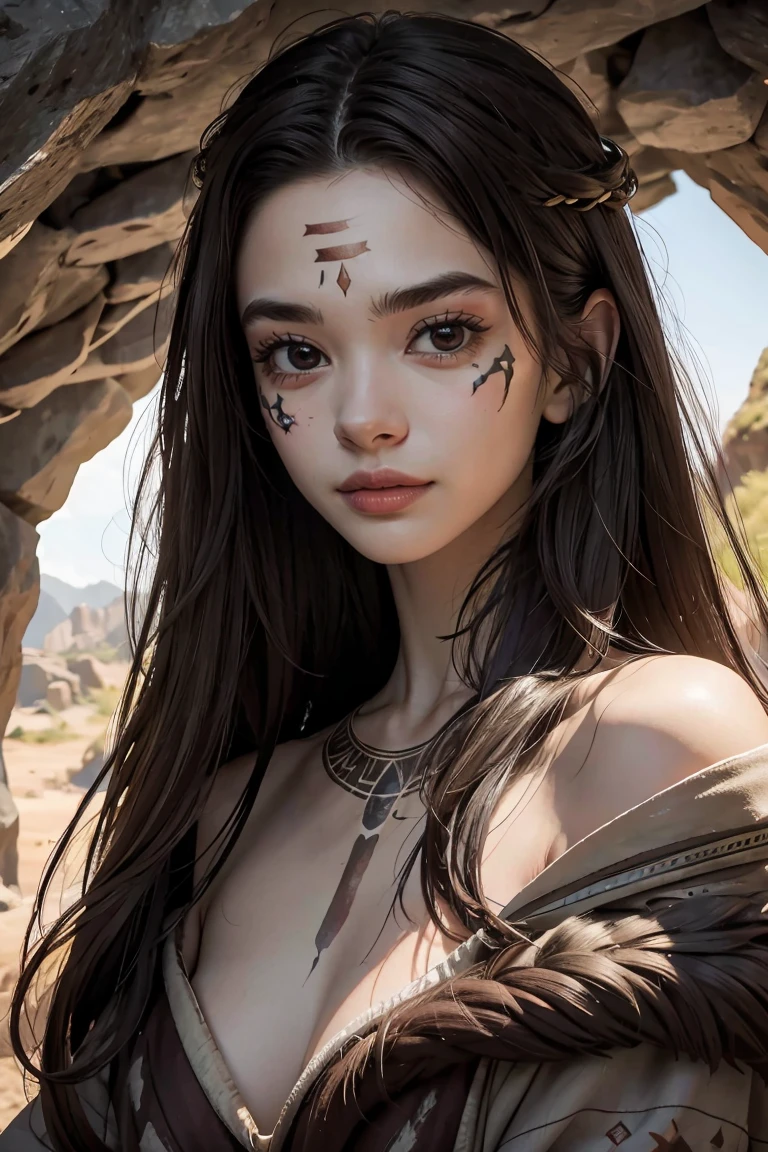 (masterpiece), best quality, expressive eyes, perfect face, female cavewoman, messy hair, thin, upper body,  dark hair, ((ancient setting)), cave, tree, handaxe, animal fur over his shoulders, face painted with some marks