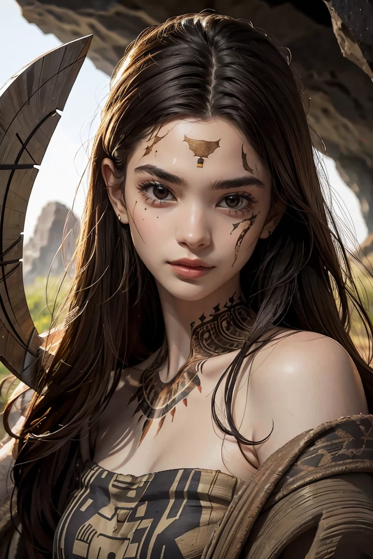 (masterpiece), best quality, expressive eyes, perfect face, female cavewoman, messy hair, thin, upper body,  dark hair, ((ancient setting)), cave, tree, handaxe, animal fur over his shoulders, face painted with some marks