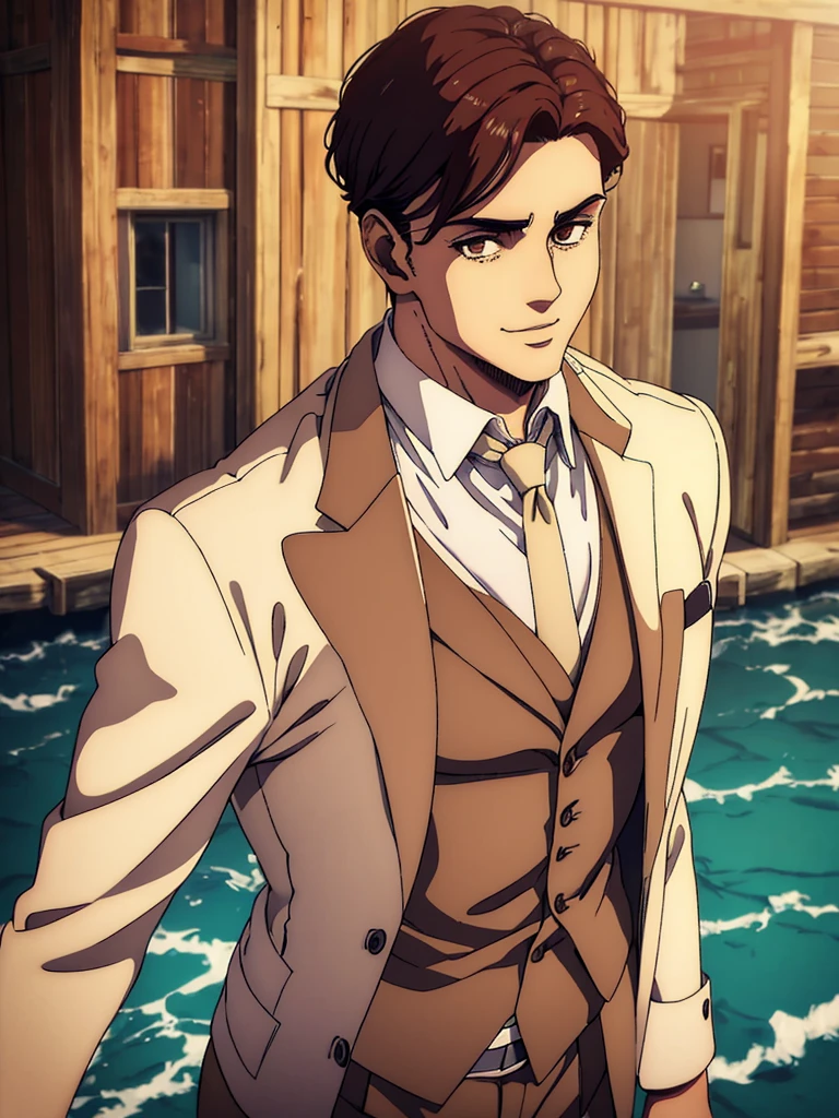 best quality,4k,8k,highres,masterpiece:1.2),ultra-detailed,(realistic,photorealistic,photo-realistic:1.37), a young man with wide shoulders, mappa art style,  heart-shaped face with sharp jawline,  brown almond-shaped eyes with positive canthal tilt , dark brown hair color, his hair is short unique well styled , he looks handsome, he is fair, he has well built body, he is wearing cream colour wedding three piece suit, he is slightly smiling, vibrant color, behind him a cabin