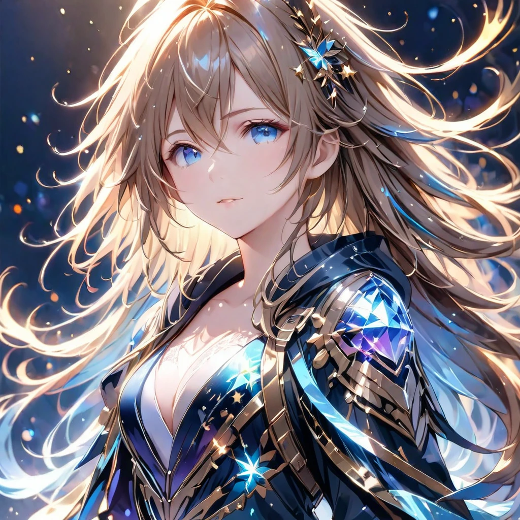(8K, Highest quality, masterpiece:1.2),(Highest quality:1.0), (Ultra-high resolution:1.0), 金と銀のツートンカラーの髪、watercolor, Beautiful woman, shoulder, Costumes adorned with light refraction、Twinkling of the stars、Diamond Sparkle、Hair Ribbon, Agnes Cecil, Half Body Portrait, Super bright design, pastel colour, (ink:1.3), Autumn Light,