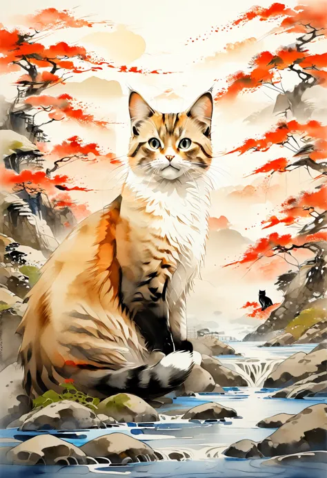 (Highest quality:0.8), (Highest quality:0.8), Perfect illustration,Close-up portrait of three cats、Japanese Landscape