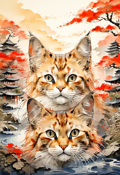(Highest quality:0.8), (Highest quality:0.8), Perfect illustration,Close-up portrait of three cats、Japanese Landscape
