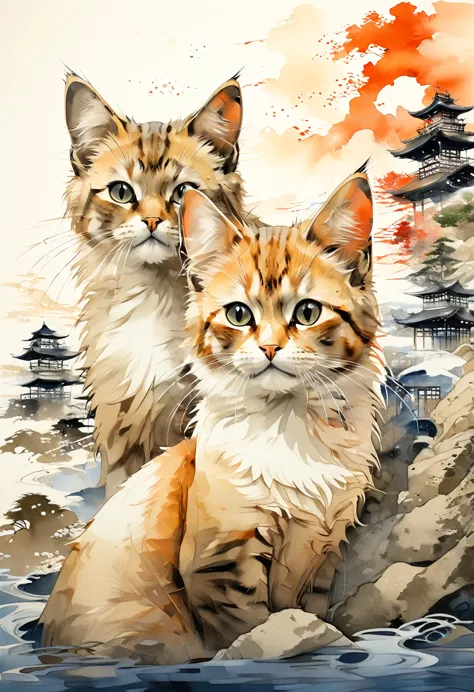(Highest quality:0.8), (Highest quality:0.8), Perfect illustration,Close-up portrait of three cats、Japanese Landscape