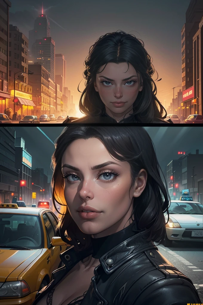 a woman in a yellow taxi cab, intense expression, cinematic lighting, dramatic pose, photorealistic, hyperdetailed, 8k, (best quality:1.2), (realistic:1.37), intricate details, cinematic atmosphere, moody lighting, dramatic shadows, neo-noir style, warm color tones, hyper-realistic, highly detailed