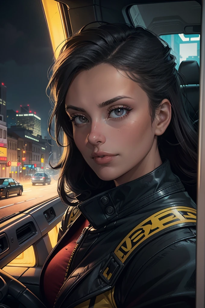 a woman in a yellow taxi cab, intense expression, cinematic lighting, dramatic pose, photorealistic, hyperdetailed, 8k, (best quality:1.2), (realistic:1.37), intricate details, cinematic atmosphere, moody lighting, dramatic shadows, neo-noir style, warm color tones, hyper-realistic, highly detailed