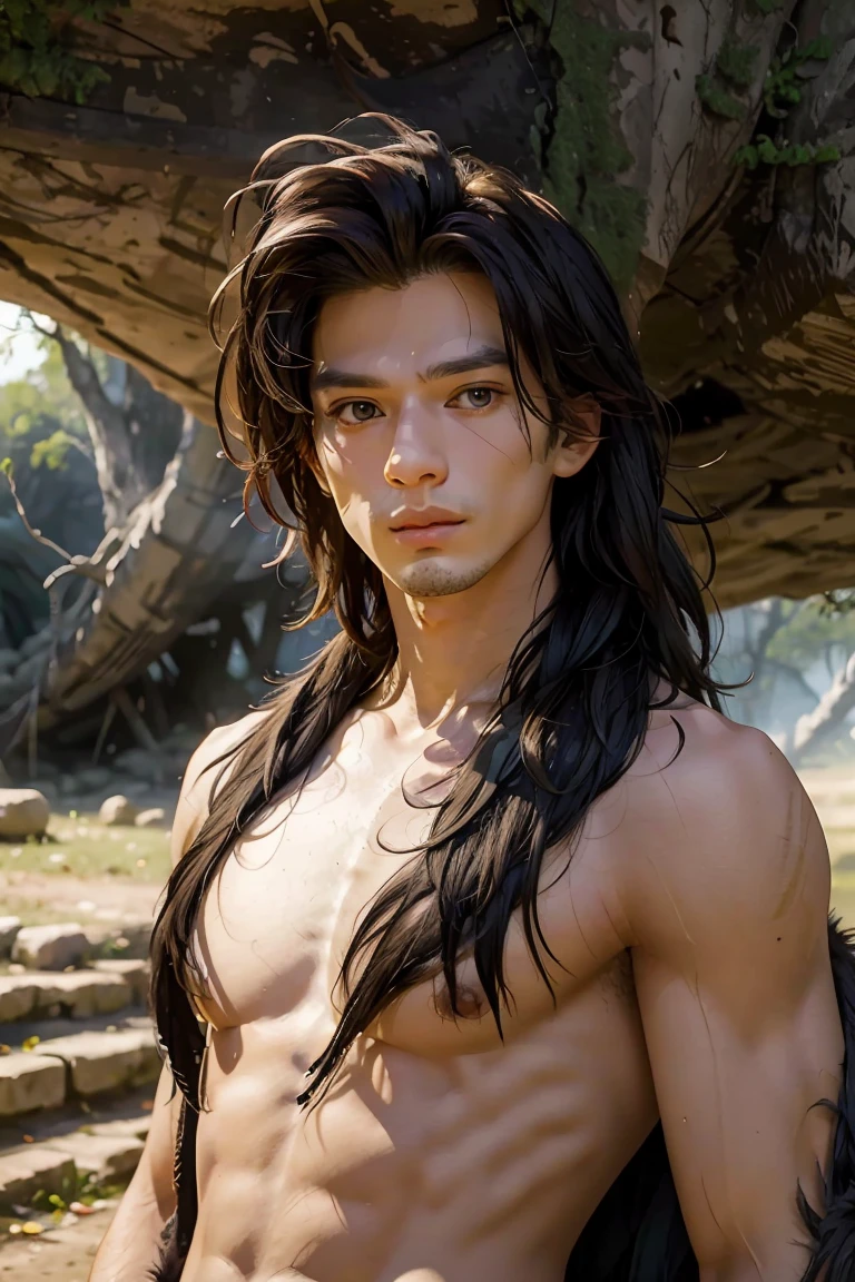 (masterpiece), best quality, expressive eyes, perfect face, male caveman, messy hair, thin, upper body, bare chest, dark hair, ((ancient setting)), cave, tree, handaxe, animal fur over his shoulders