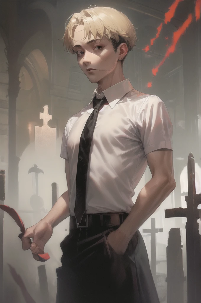 (masterpiece, best quality:1.2), upper body, solo, male focus, 1boy, expressionless, looking at viewer, stitches, white shirt,red strip on eyes,collared shirt, black necktie, graveyard 