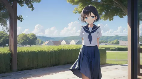 (masterpiece),  town,  blue sky,  one girl,  smile,  alone,  sailor suit、long skirt,  overgrown,  petal,  plant、skirt lining、tra...