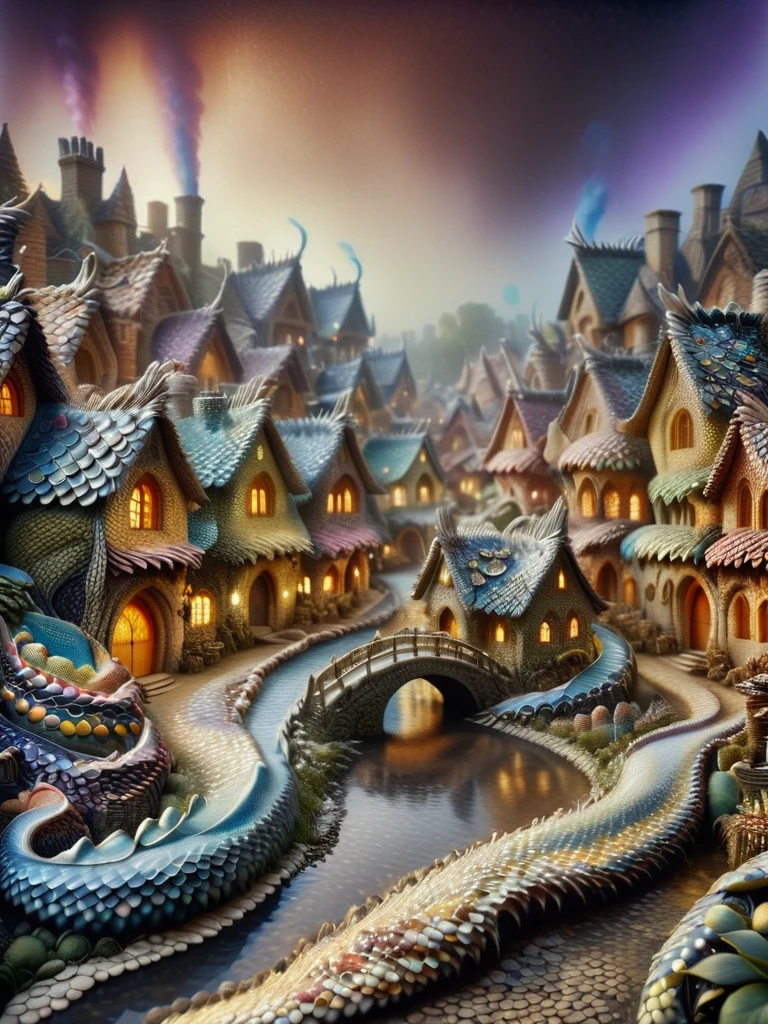 dvrscls , A whimsical scene of a dvrscls fairy village covered in scales, with a stream, a bakery, houses, bridges, and gardens all intricately made of scales of all colors and textures, smoke from chimneys, buildings with ethereal lights, atmospheric, dynamic, cinematic, masterpiece, intricate, hdr. 