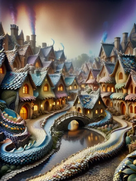 dvrscls , A whimsical scene of a dvrscls fairy village covered in scales, with a stream, a bakery, houses, bridges, and gardens ...