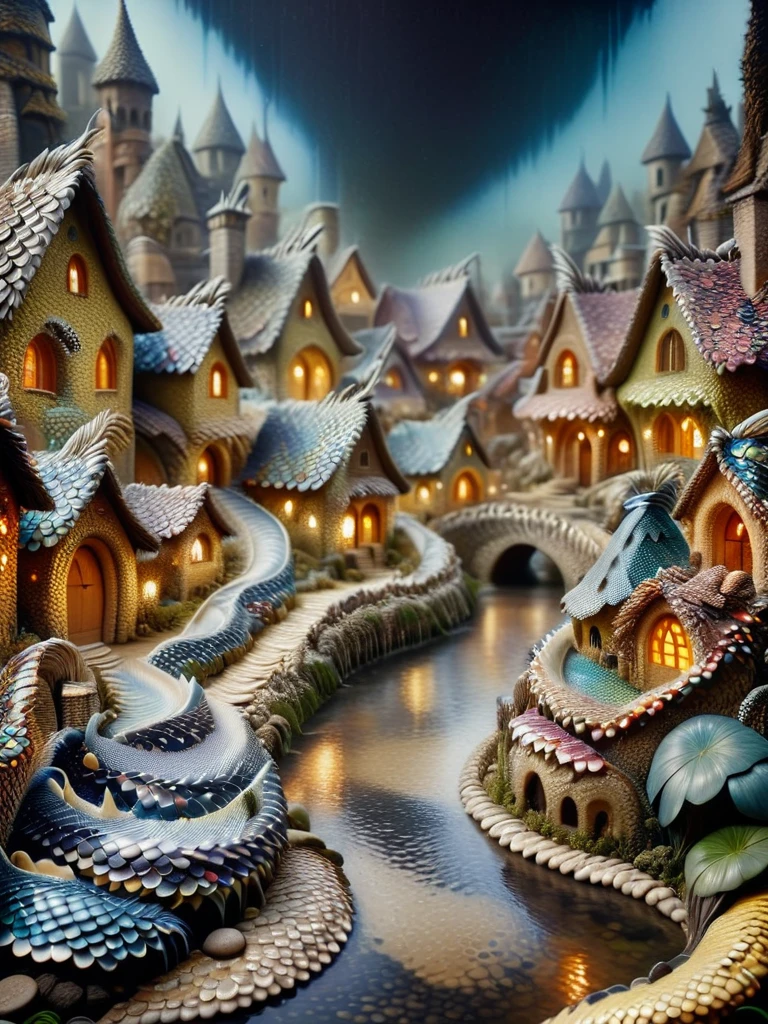 dvrscls , A whimsical scene of a dvrscls fairy village covered in scales, with a stream, a bakery, houses, bridges, and gardens all intricately made of scales of all colors and textures, smoke from chimneys, buildings with ethereal lights, atmospheric, dynamic, cinematic, masterpiece, intricate, hdr. 