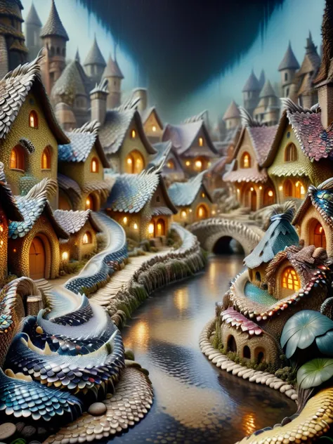 dvrscls , A whimsical scene of a dvrscls fairy village covered in scales, with a stream, a bakery, houses, bridges, and gardens ...
