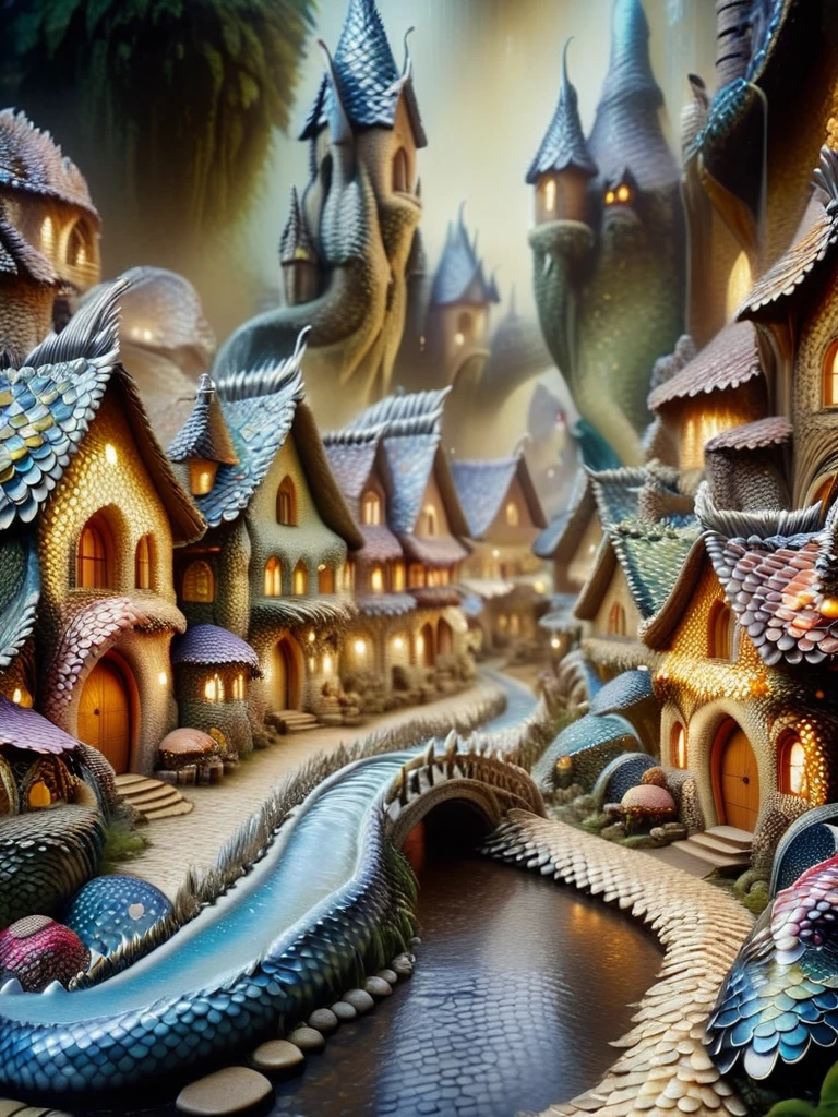 dvrscls , A whimsical scene of a dvrscls fairy village covered in scales, with a stream, a bakery, houses, bridges, and gardens all intricately made of scales of all colors and textures, smoke from chimneys, buildings with ethereal lights, atmospheric, dynamic, cinematic, masterpiece, intricate, hdr. 