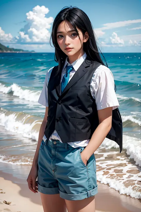 a young man with long black hair and a vest on standing in front of the ocean with a blue sky, (1girl:0.955), (bangs:0.575), (bl...