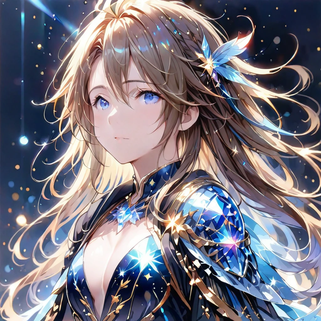 (8K, Highest quality, masterpiece:1.2),(Highest quality:1.0), (Ultra-high resolution:1.0), (((金と銀のツートンカラーの髪)))、watercolor, Beautiful woman, shoulder, Costumes adorned with light refraction、Twinkling of the stars、Diamond Sparkle、Hair Ribbon, Agnes Cecil, Half Body Portrait, Super bright design, pastel colour, (ink:1.3), Autumn Light,