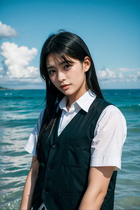 a young man with long black hair and a vest on standing in front of the ocean with a blue sky, (1girl:0.955), (bangs:0.575), (bl...