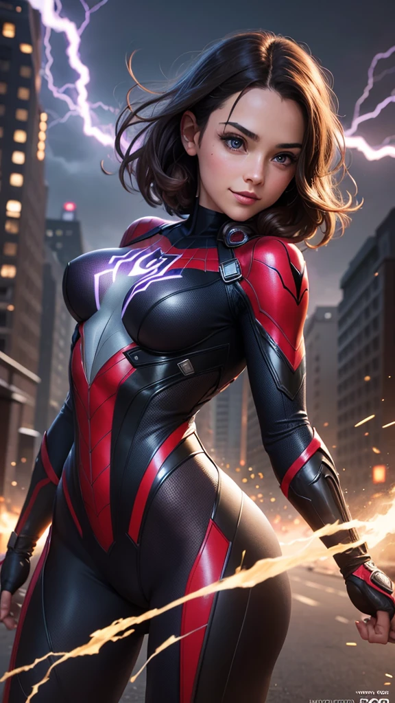 schönes junges Mädchen, kurze braune Haare, lila Augen, Spider-Man 2099 Kostüm, strahlendes Lächeln, Spinnennetz, Blitz, (beste Qualität,4k,8k,highres,Meisterwerk:1.2),ultra-detailliert,(realistisch,photorealistisch,photo-realistisch:1.37),digital art, Fantasie, dynamische pose