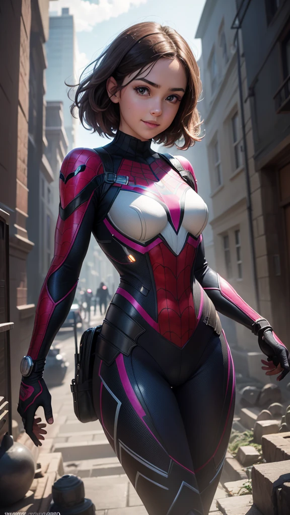 schönes junges Mädchen, kurze braune Haare, lila Augen, Spider-Man 2099 Kostüm, strahlendes Lächeln, Spinnennetz, Blitz, (beste Qualität,4k,8k,highres,Meisterwerk:1.2),ultra-detailliert,(realistisch,photorealistisch,photo-realistisch:1.37),digital art, Fantasie, dynamische pose