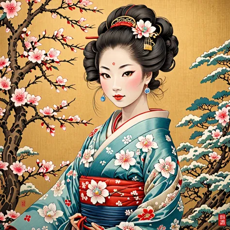 highest quality，masterpiece，ultra-high resolution, very detailed, 8k,a woman from the edo period wearing a kimono with a long, c...