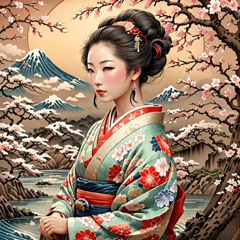 highest quality，masterpiece，ultra-high resolution, very detailed, 8k,a woman from the edo period wearing a kimono with a long, c...