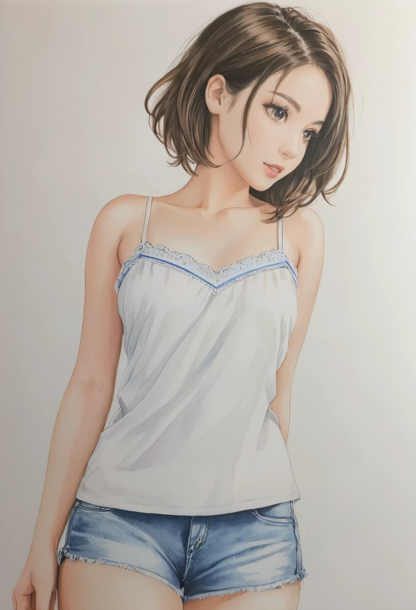  female，short camisole，white，Art，ad，colour pencil drawing，draft drawing 