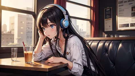 girl with headphones enjoying music in a cafe　i am studying　emphasize a little bit of the chest