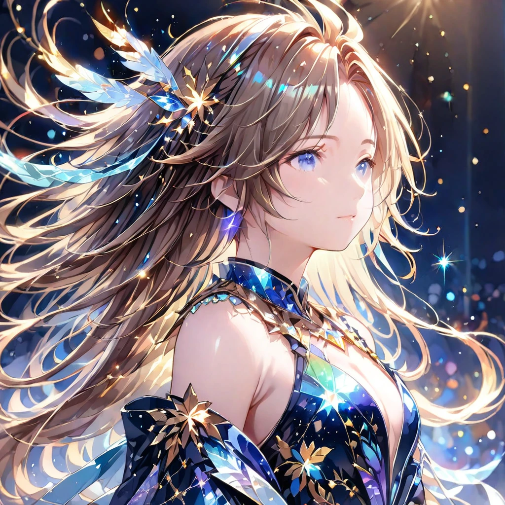 (8K, Highest quality, masterpiece:1.2),(Highest quality:1.0), (Ultra-high resolution:1.0), (((金と銀のツートンカラーの髪)))、watercolor, Beautiful woman, shoulder, Costumes adorned with light refraction、Twinkling of the stars、Diamond Sparkle、Hair Ribbon, Agnes Cecil, Half Body Portrait, Super bright design, pastel colour, (ink:1.3), Autumn Light,